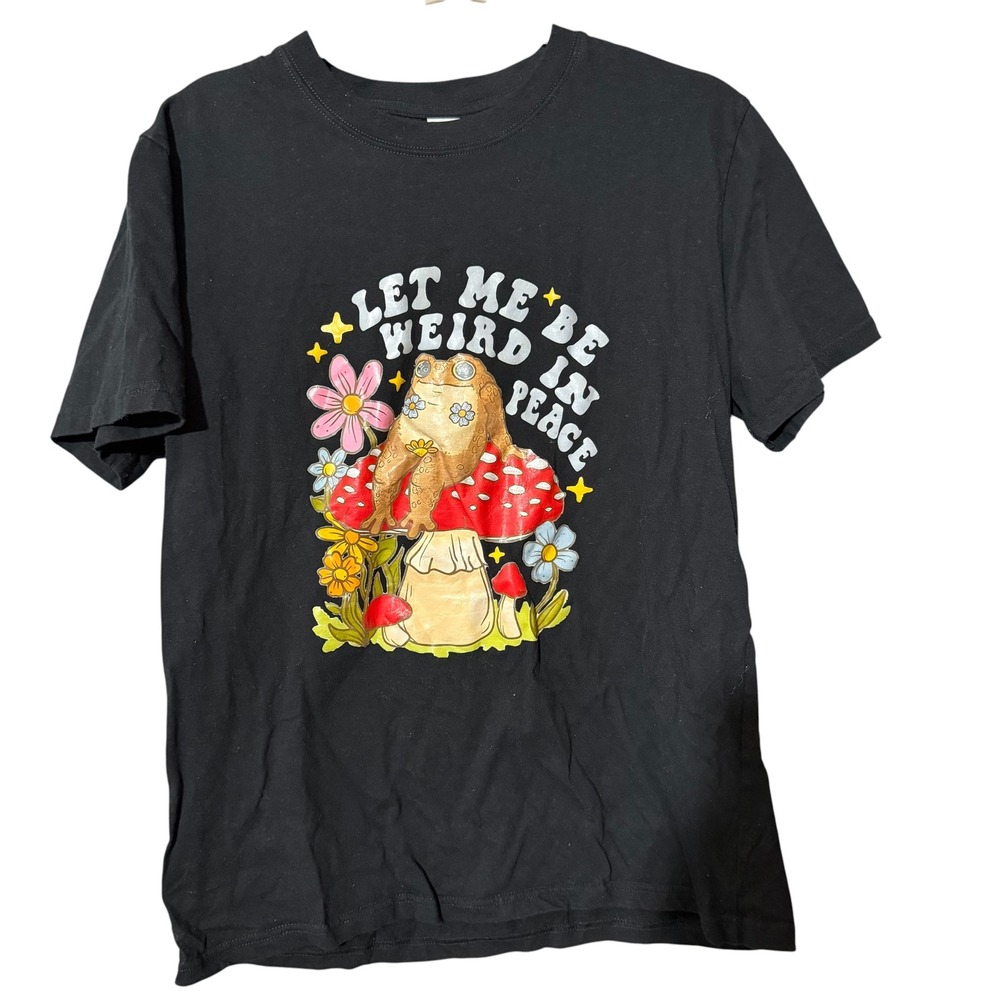 GANMIA Let Me Be Weird In Peace Frog Mushroom Graphic T-Shirt Black Large L